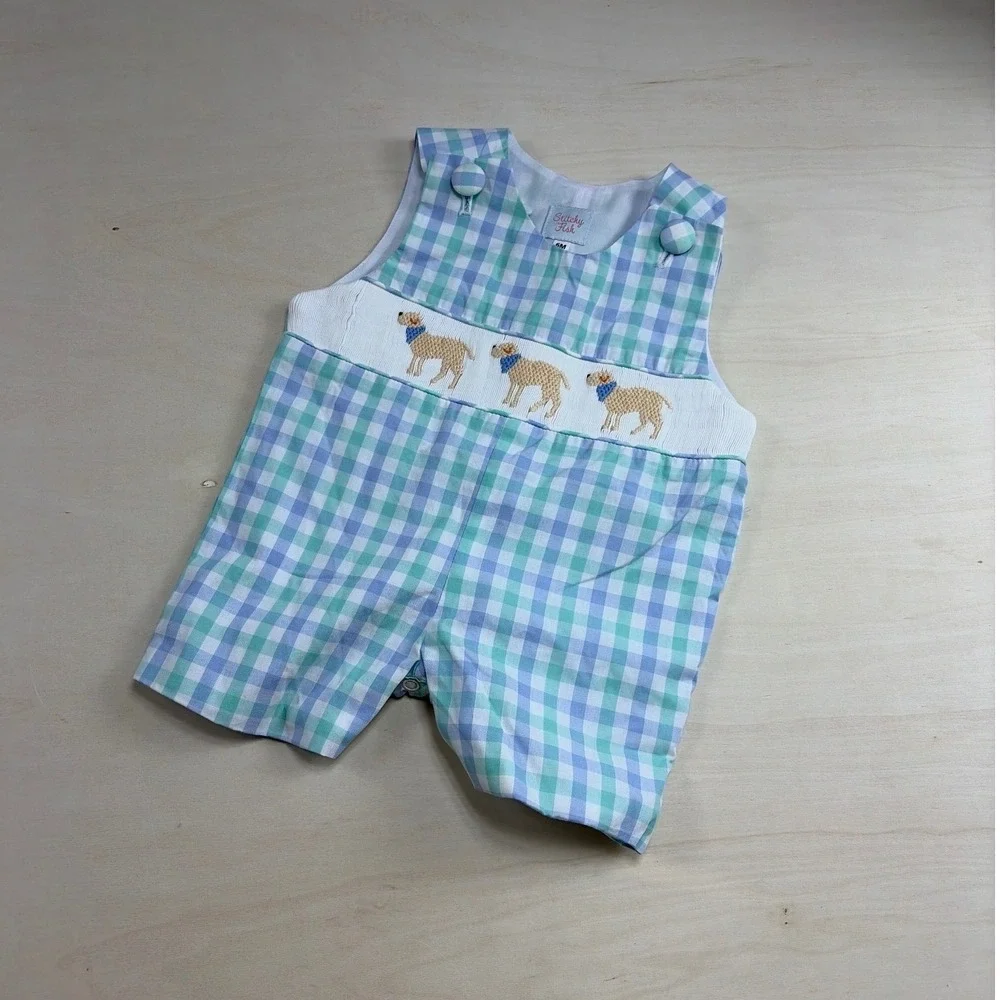 Stitchy Fish Baby Boys Smocked Golden Retriever Dog Gingham Romper Blue Green 6M